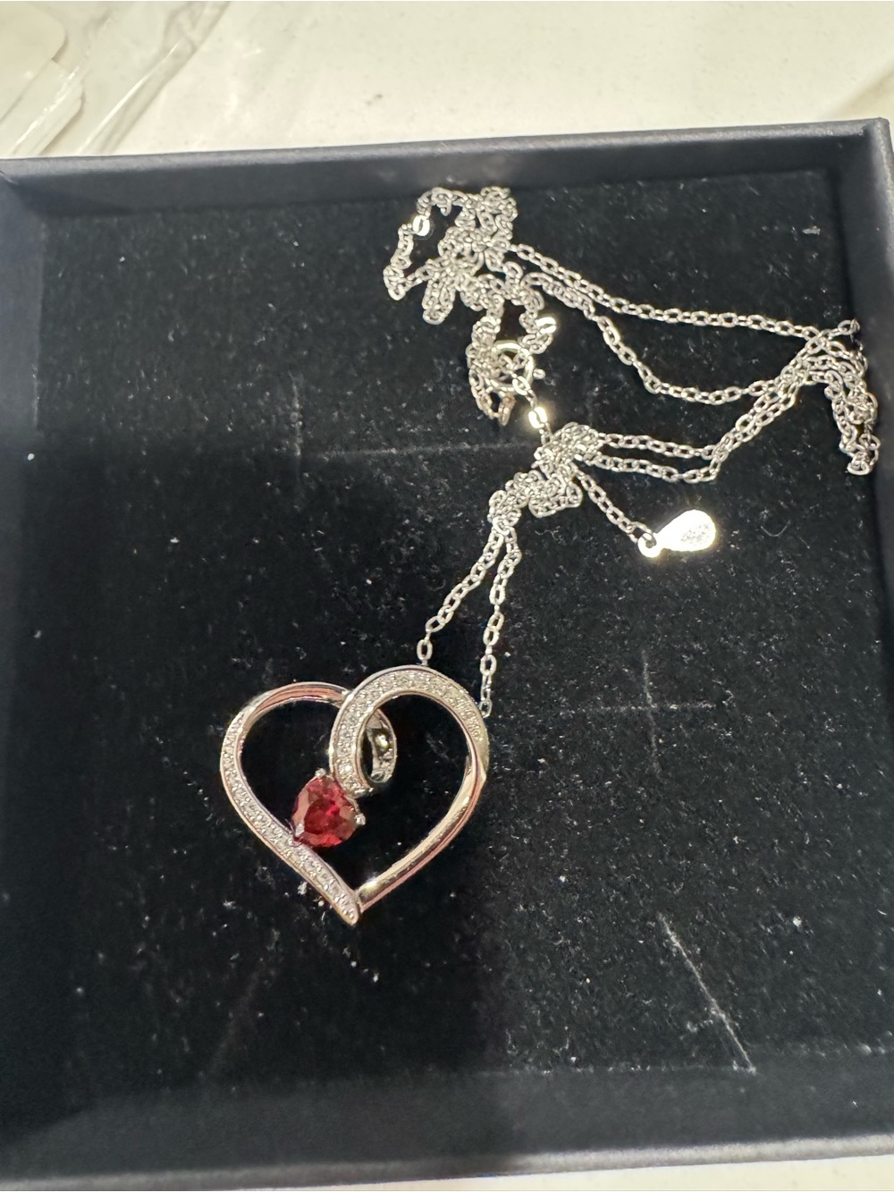 Sterling Heart Pendant Necklace with Red Crystal Accent